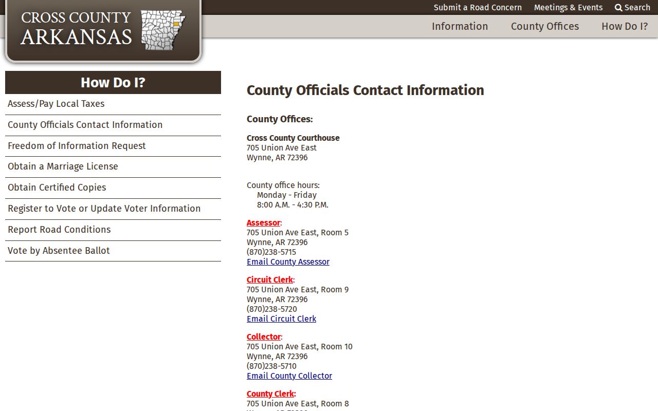 Cross County criminal records county officials contact page