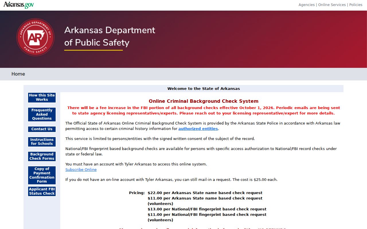 Cross County criminal records Arkansas State Police background check portal