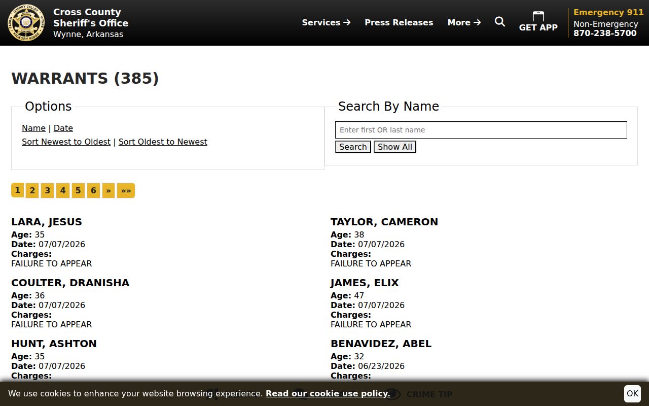 Cross County arrest lookup sheriff warrants page