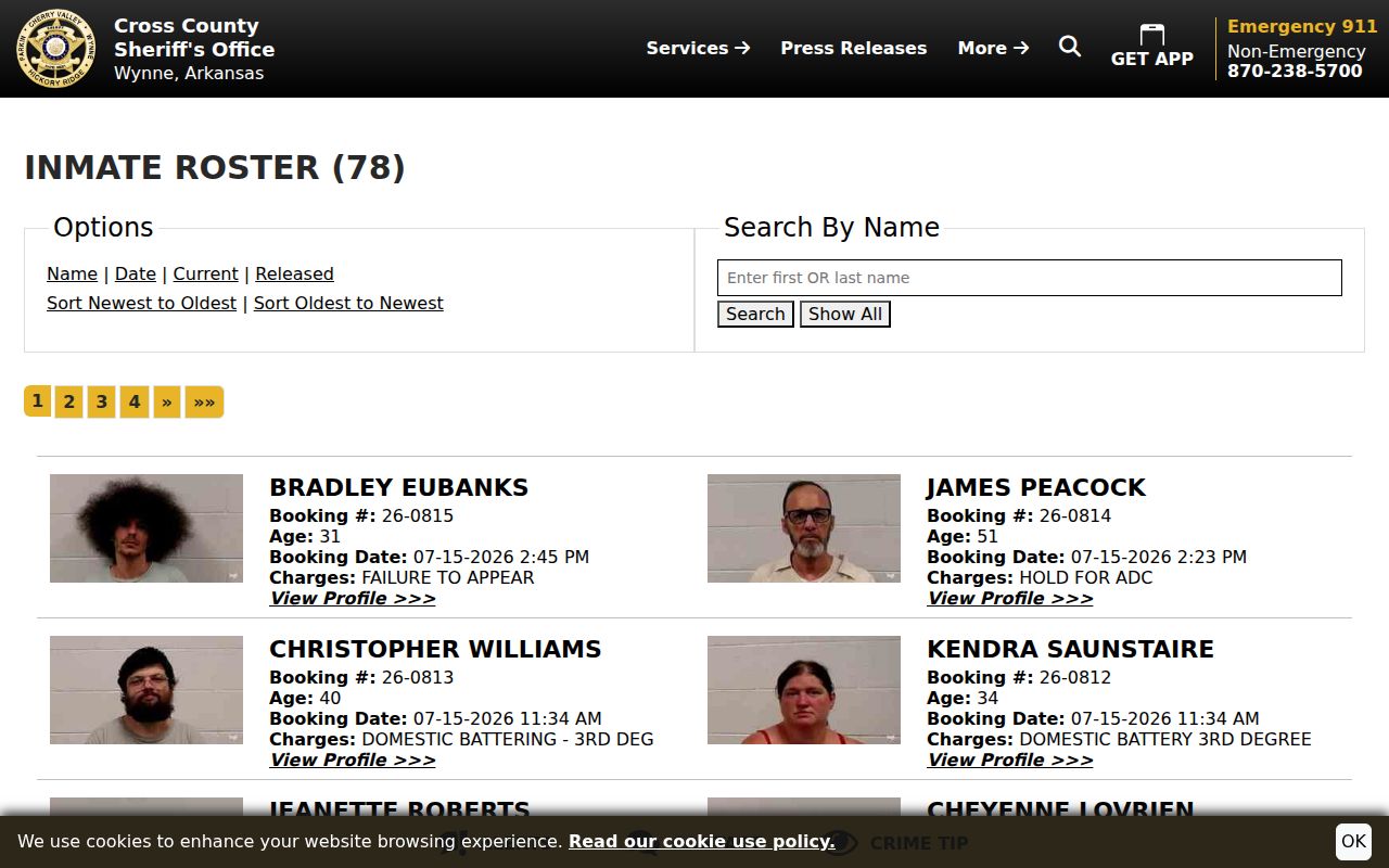 Cross County arrest lookup current inmate roster